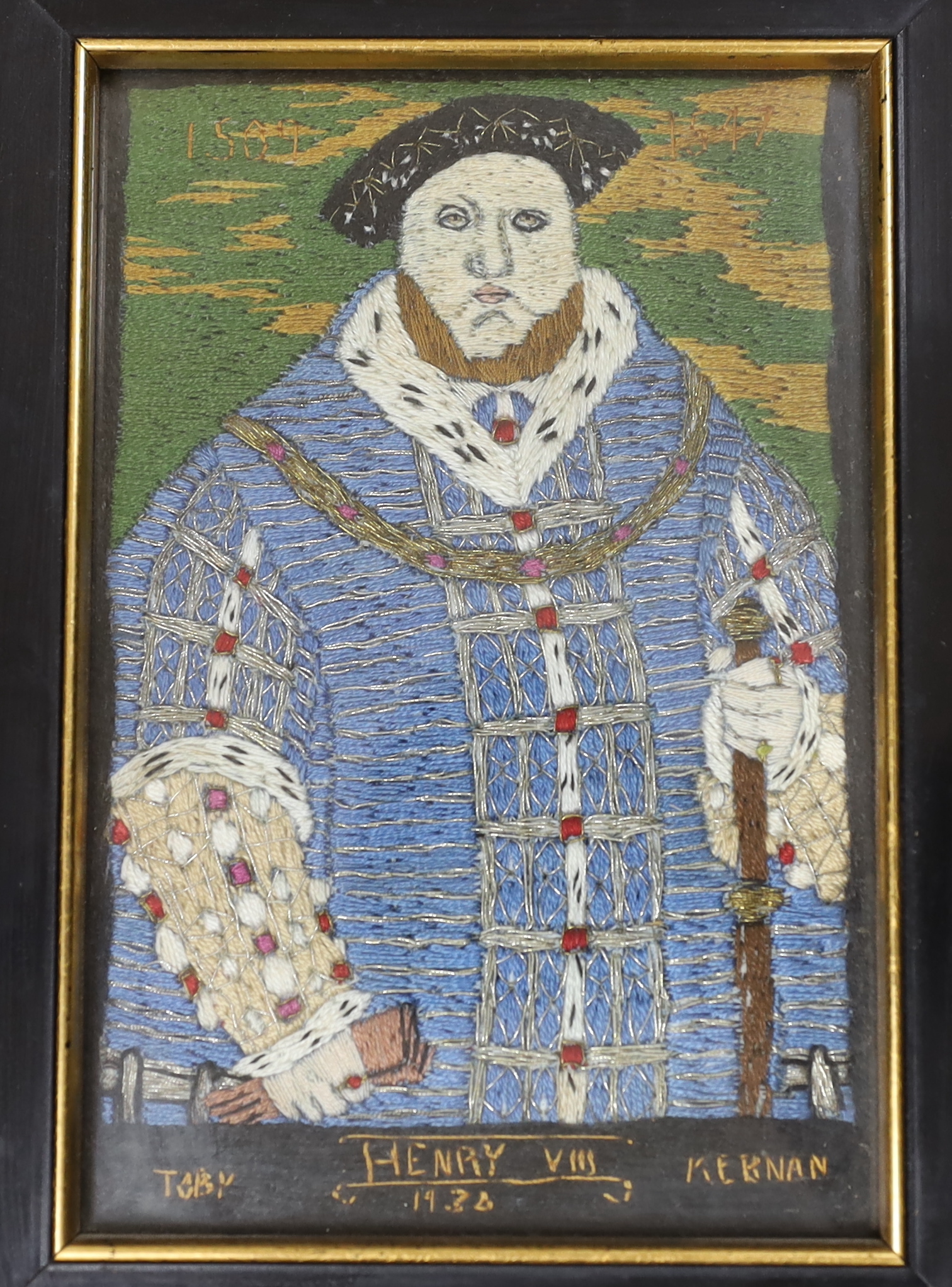 A set of four unusual framed portrait embroideries dated 1930-1931 by Toby Keenan of: Henry VIII, Queen Jane Seymour 1536, Sir Philip Sidney and a similar portrait of A Young Lady 1572, (4), largest 14cms wide x 19.5cm h